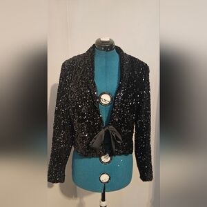 Nanette Lepore Black Sequin Blazer With Satin Tie Front. Like New!